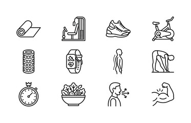 Fototapeta premium Fitness and mobility improvement. Line outline icon set of Fitness and mobility improvement: yoga mat, resistance machine, running shoes, exercise bike, foam roller, smartwatch fitness tracker,