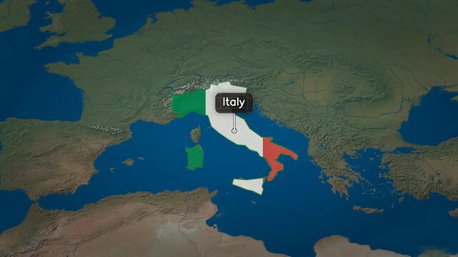 World Map Animation Showing Travel Route Transition From USA To Italy With Flag Marker Pin And Location Label On Ocean Background For Geography Tourism Vacation Destination Journey