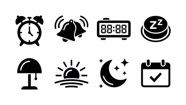 Alarm Clocks. Filled icon set of Alarm Clocks: classic alarm clock, ringing bells, digital clock display, snooze button, bedside lamp, morning sun, sleeping moon, calendar reminder. Solid icons set.