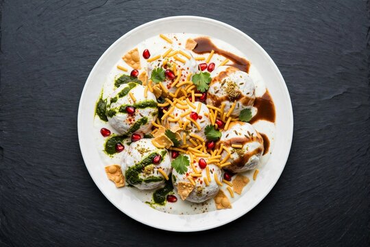 Delicious Dahi Bhalla Papdi Chaat with Curd, Sev, Pomegranate and Chutney Top View