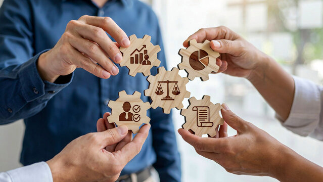 Synergy in Action: Hands interlock to assemble a puzzle of gears, each symbolizing a core business principle &ndash; growth, analytics, justice, and legal documentation.