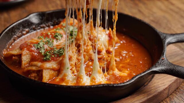 Delicious Cheesy Lasagna Being Served From a Cast Iron Skillet.