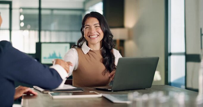 Laptop, businesswoman and shaking hands in office for financial deal, negotiation success and smile. Computer, people and handshake in company for investment collaboration, partnership or laugh