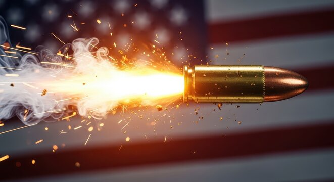 Bullet Fired with Fire and Smoke Trail Against Blurred American Flag Background - Second Amendment Concept