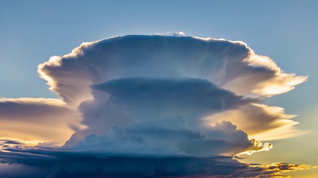 Towering cumulonimbus cloud with anvil top, golden backlight, rain shafts, layered turrets over dark horizon at sunset, dramatic weather scene, with cloud, cumulonimbus, anvil, storm detail
