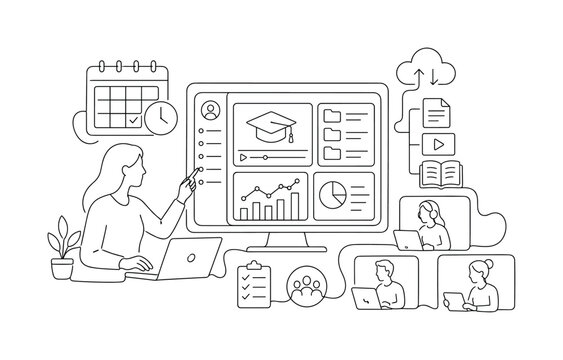 "Digital Course Management". Minimalistic one-line drawing of educators organizing online classes with calendars, learning analytics, and course content for remote students, continuous single black