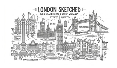 Obraz premium London city landmark collage line art vector illustration isolated on white