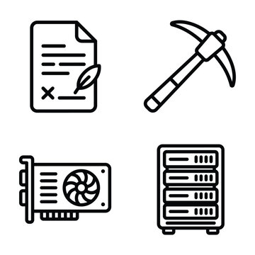 Tech and development line icon set featuring contract mining tool graphics card and server rack vector illustration development contract graphics