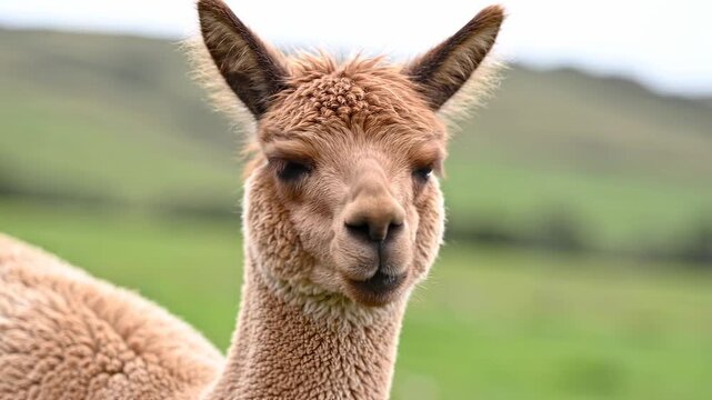Close up portrait of a cute fluffy alpaca in a green field.