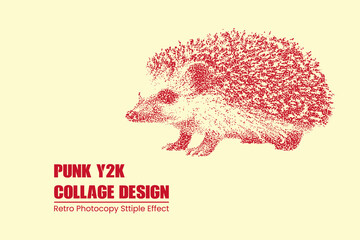 Stipple art hedgehog illustration, red dotwork graphic design, punk y2k aesthetic, retro photocopy texture, vintage print style, creative animal portrait © MDMahmudul