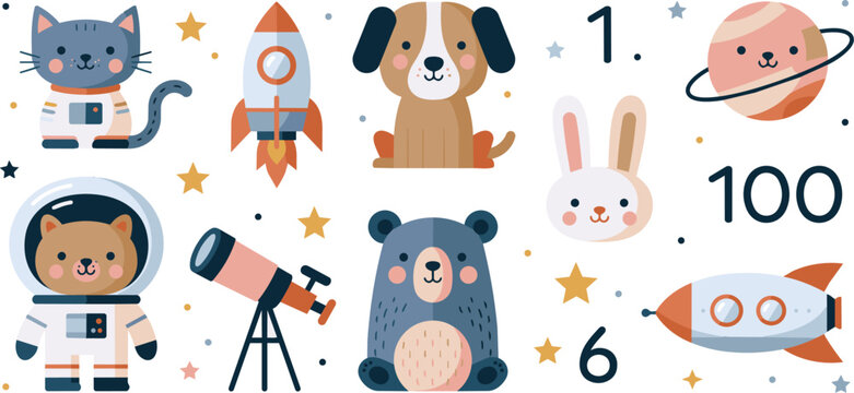 Cute Space Animals and Rockets Illustration