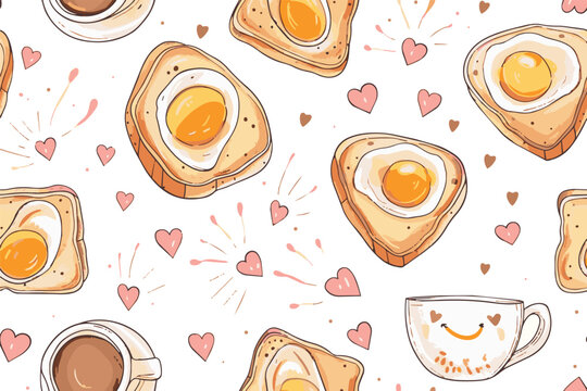 Cute breakfast pattern with eggs toast and coffee