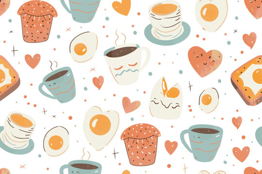 Cute breakfast food pattern with coffee and eggs