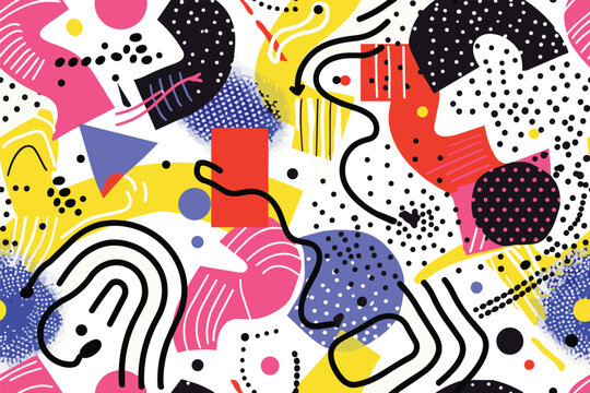 Abstract colorful geometric pattern with black squiggles