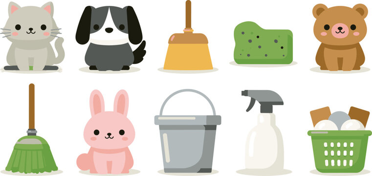Cute animals and cleaning tools illustration