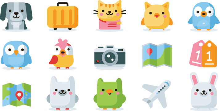 Cute travel and animal icons set