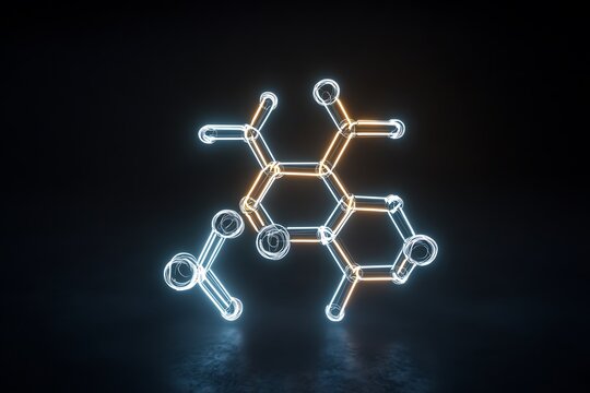 Molecular formula of glucose depicted in neon-lit chemical structure diagram on dark background