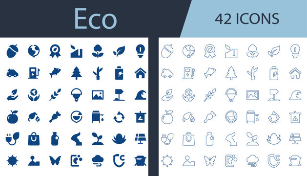 eco flat, outline vector icon set featuring solar panel, recycling bin, electric car, sprout, planet care, and green battery for green web UI design.