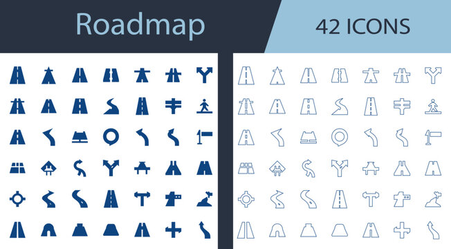 Roadmap flat, outline vector icon set featuring highway, roundabout, crossroad, road junction, tunnel, and split road for navigation web UI design.