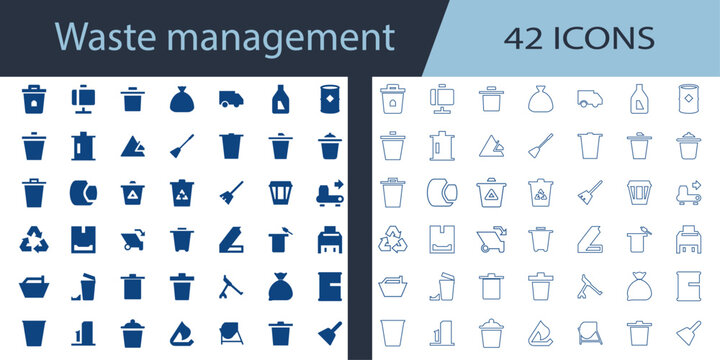 waste management flat, outline, Editable Stroke vector icon set featuring garbage truck, recycle bin, trash basket, landfill, incinerator, and shovel for web UI design.