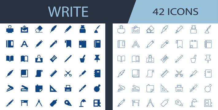 write flat, outline vector icon set featuring notebook, fountain pen, envelope, calendar, paper clip, and scissors for stationery web UI design.
