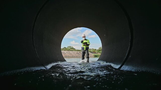 Water Inspection Specialist Monitoring Drainage Channel for Environmental Safety Assessment