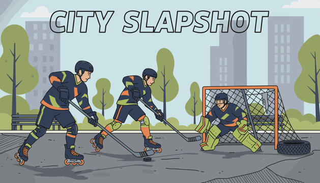 Young roller hockey players practicing their sports on an outdoor city street court near high buildings and parks.