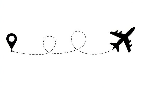 Minimalist black airplane flying along a dotted path line with a location pin marker, representing travel, tourism, flight route, destination, and global navigation
