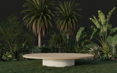 Fototapeta premium Minimalist beige product display podium on green grass surrounded by lush tropical palm leaves and exotic plants against a dark moody background, for cosmetic presentation