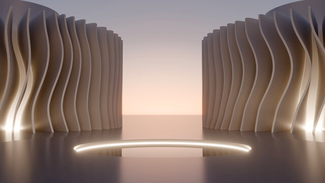 Futuristic 3D render podium background with glowing neon ring light and white curved parametric structures at sunset