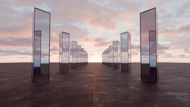 Futuristic 3D render background of rectangular mirror monolith pillars lined up on a stone ground at sunset