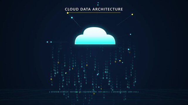 Digital cloud computing concept with binary code data stream background