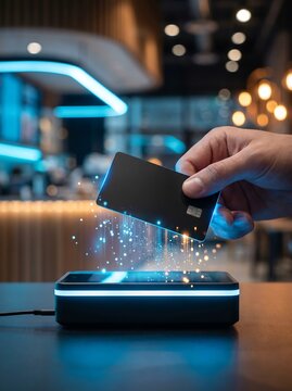 Contactless payment with black credit card over futuristic glowing terminal. Hand holding plastic card for digital transaction. Modern fintech concept in neon cafe setting. 2026