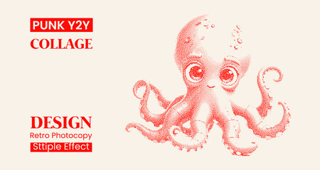 Cute octopus illustration with stipple effect, red ink drawing on offwhite background, retro photocopy aesthetic, punk y2k style graphic design element © MDMahmudul