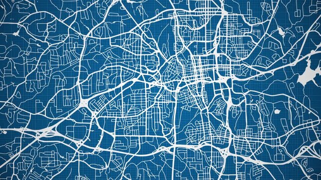 Ink reveal animation of Winston-Salem city, North Carolina (NC), United States of America, grid map. Aerial top view. Blueprint style. White lines with blue background. 4K Seamless loop.
