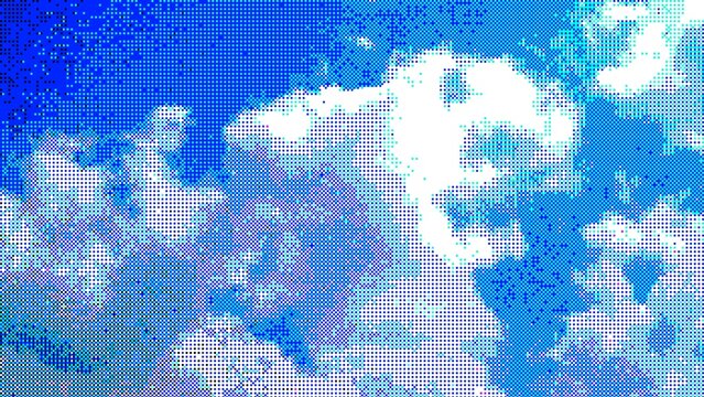 Blue halftone cloud sky background with dotted texture and retro print effect.