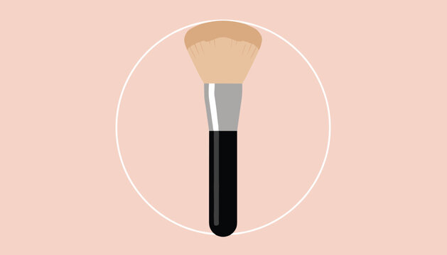 Stylish cosmetic makeup brush for applying powder, isolated in a white circle on a soft pastel pink background.