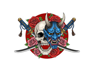 Fototapeta premium Skull with Japanese mask and katana swords, symbolizing duality, life and death, and Eastern culture
