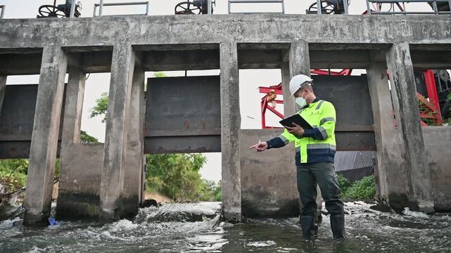 Professional Engineer Inspecting Irrigation Water Gate for Infrastructure Assessment