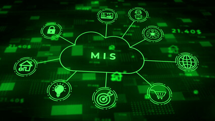 Management Information System MIS cloud diagram with interconnected for security, home, idea, target, shopping, global network, brain, user, and analytics against a dark digital background © Stock motion CK