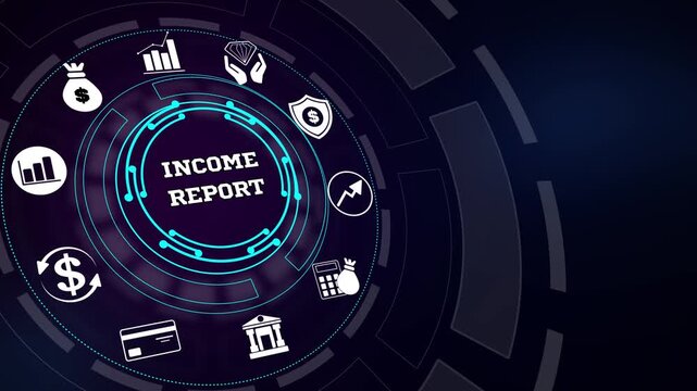 E-commerce fintech platform infrastructure graphic with income report inscription, showcasing creative circular neon vector workflow design assets