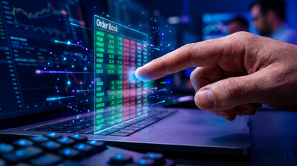 Fototapeta premium Hand points at digital order book displayed on laptop screen. Setting shows multiple monitors in an office with financial data. Concept of finance, trading platforms, investment firms
