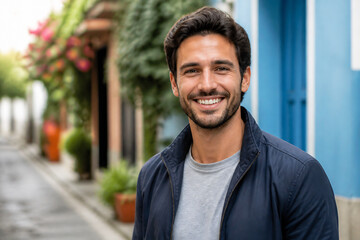 Fototapeta premium A smiling man in a dark jacket stands outdoors with greenery and buildings in the background.