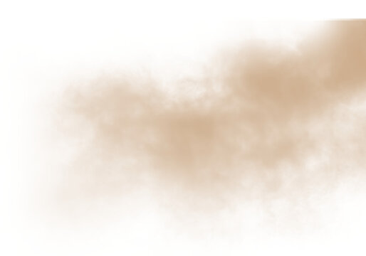 Dust sand soil smoke cloud particles isolated on transparent white background. Brown sandstorm smog sand dust explosion rising. Design elements for Compositing, covering, ove
