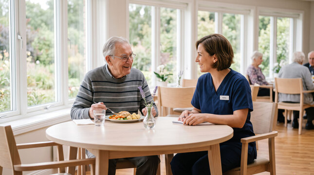 Friendly female caregiver in blue scrubs smiling and talking with a senior man while he eats a healthy lunch in a bright assisted living dining room