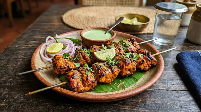 Grilled skewered chicken satay served with fresh vegetables and peanut sauce.