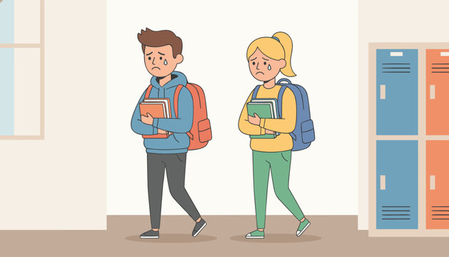 Two sad school students carrying heavy backpacks and books while walking down a hallway near locker cabinets.