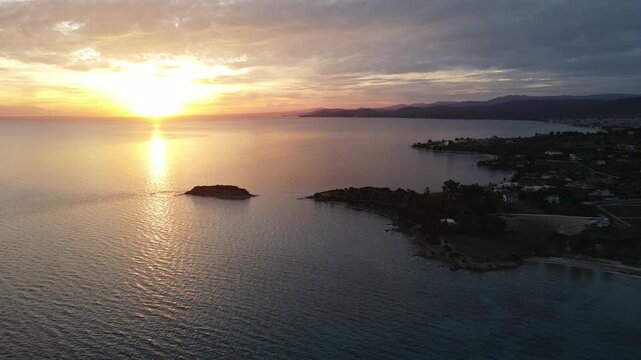 Amazing Sunset view of Sithonia coastline near Agios Ioannis Beach, Chalkidiki, Central Macedonia, Greece