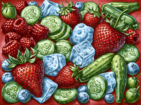 Fresh Summer Fruits Vegetables and Ice Background with Strawberries Cucumbers and Berries