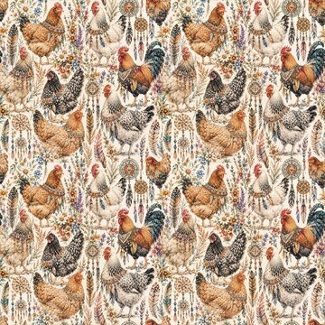  Watercolor Farm Chickens and Roosters Seamless Pattern with Rustic Floral Botanical Design